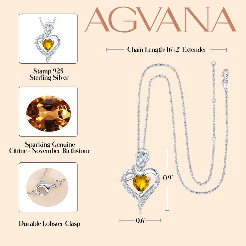 AGVANA November Birthstone Jewelry Citrine Necklace for Women Sterling Silver Rose Flower Heart Pendant Necklace Fine Jewelry Anniversary Birthday Gifts for Women Wife Lady Her - Image 5